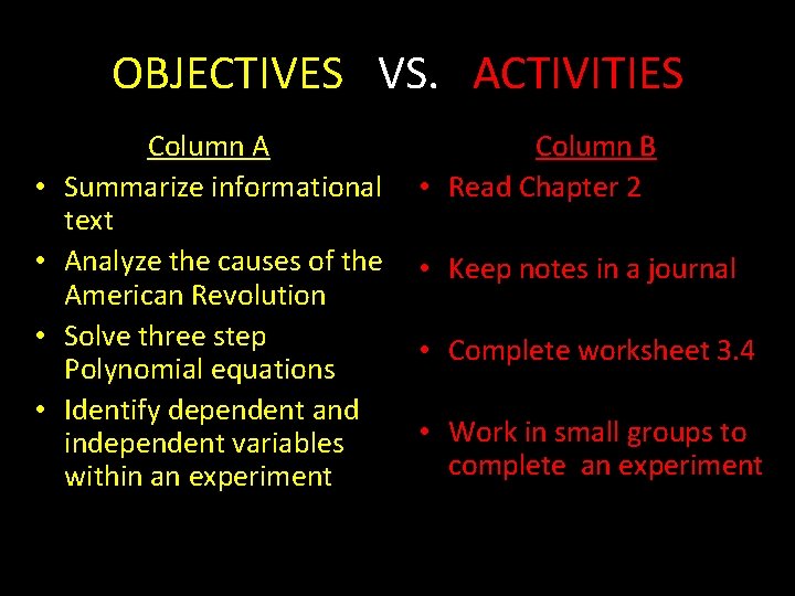 OBJECTIVES VS. ACTIVITIES • • Column A Summarize informational text Analyze the causes of
