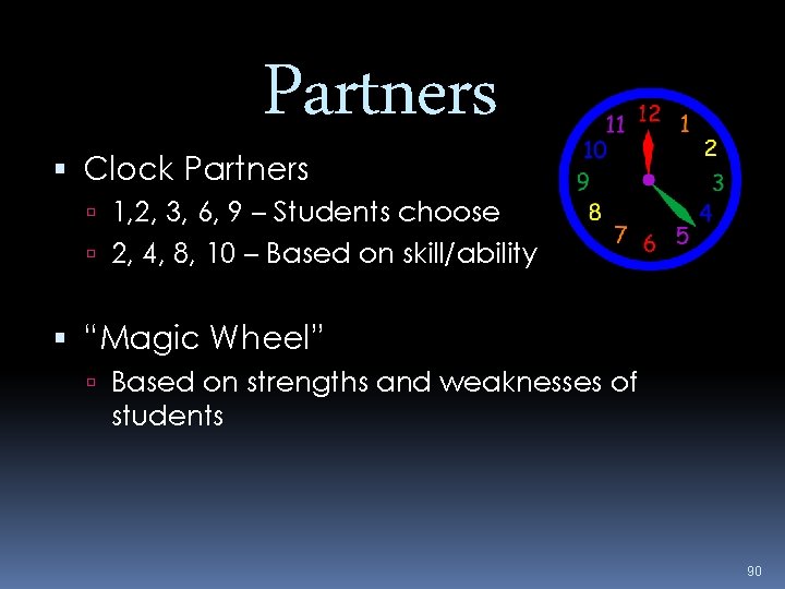 Partners Clock Partners 1, 2, 3, 6, 9 – Students choose 2, 4, 8,