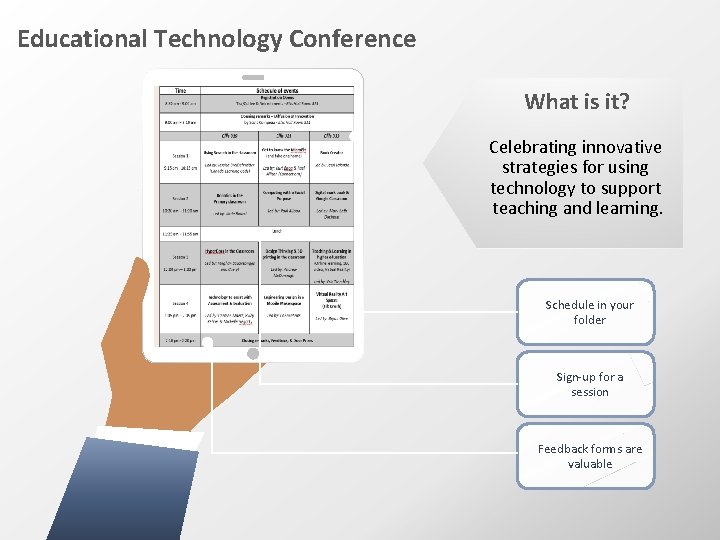 Educational Technology Conference What is it? Celebrating innovative strategies for using technology to support