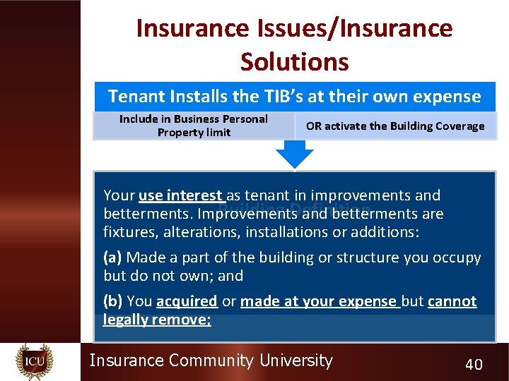 Insurance Issues/Insurance Solutions Tenant Installs the TIB’s at their own expense Include in Business