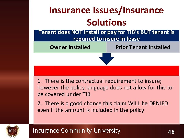 Insurance Issues/Insurance Solutions Tenant does NOT install or pay for TIB’s BUT tenant is