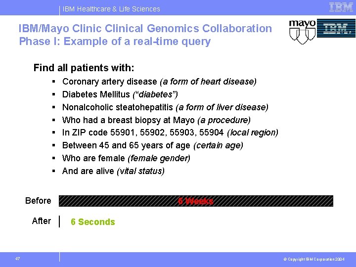 IBM Healthcare & Life Sciences IBM/Mayo Clinical Genomics Collaboration Phase I: Example of a