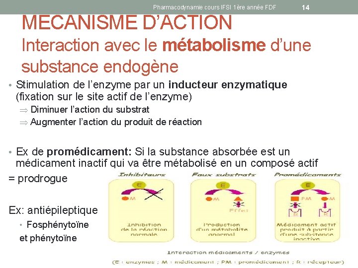 Pharmacodynamie cours IFSI 1ère année FDF 14 MECANISME D’ACTION Interaction avec le métabolisme d’une