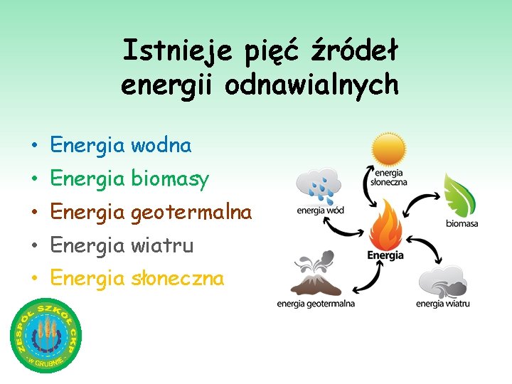 Istnieje pięć źródeł energii odnawialnych • Energia wodna • Energia biomasy • Energia geotermalna