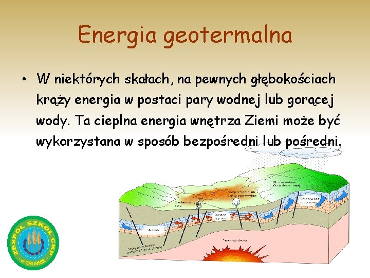 Energia geotermalna • W niektórych skałach, na pewnych głębokościach krąży energia w postaci pary