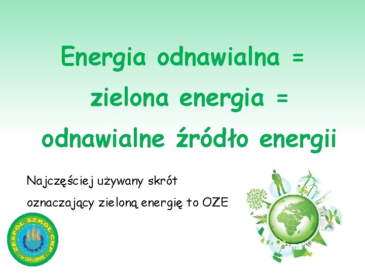 Energia odnawialna = zielona energia = odnawialne źródło energii Najczęściej używany skrót oznaczający zieloną
