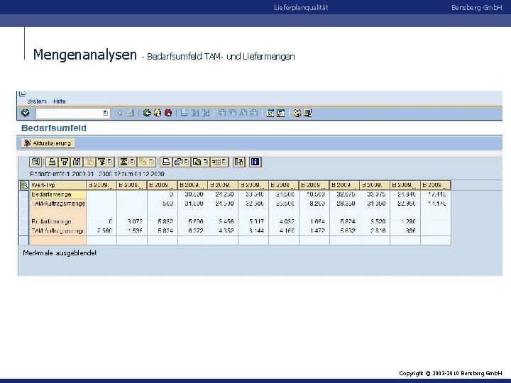 Lieferplanqualität Mengenanalysen Bensberg Gmb. H - Bedarfsumfeld TAM- und Liefermengen Merkmale ausgeblendet Copyright ©