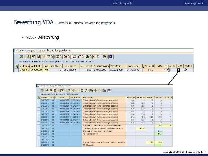Lieferplanqualität Bewertung VDA Bensberg Gmb. H - Details zu einem Bewertungsergebnis § VDA -