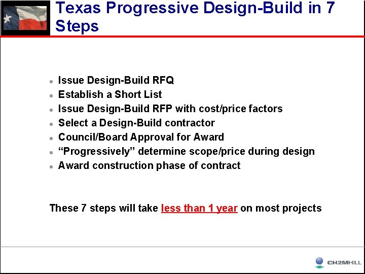 Texas Progressive Design-Build in 7 Steps l l l l Issue Design-Build RFQ Establish