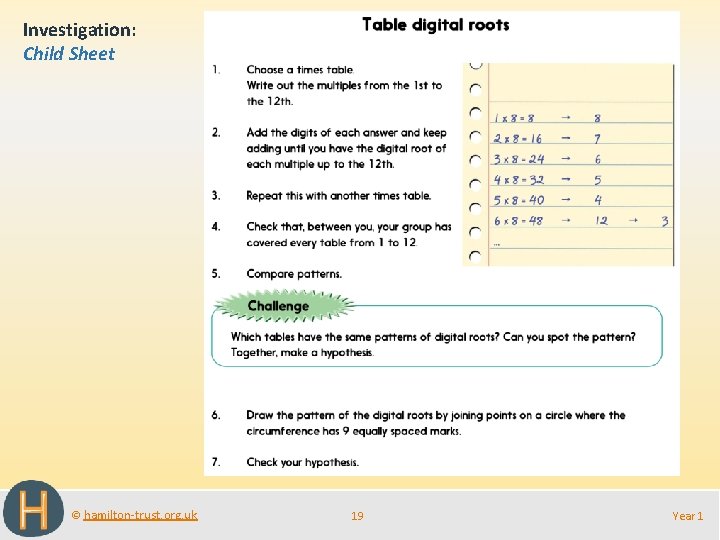 Investigation: Child Sheet © hamilton-trust. org. uk 19 Year 1 