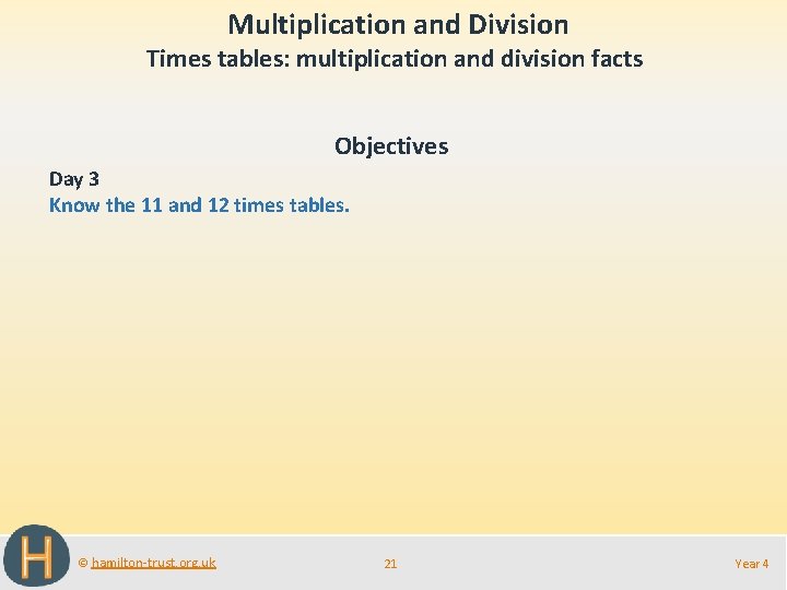  Multiplication and Division Times tables: multiplication and division facts Objectives Day 3 Know