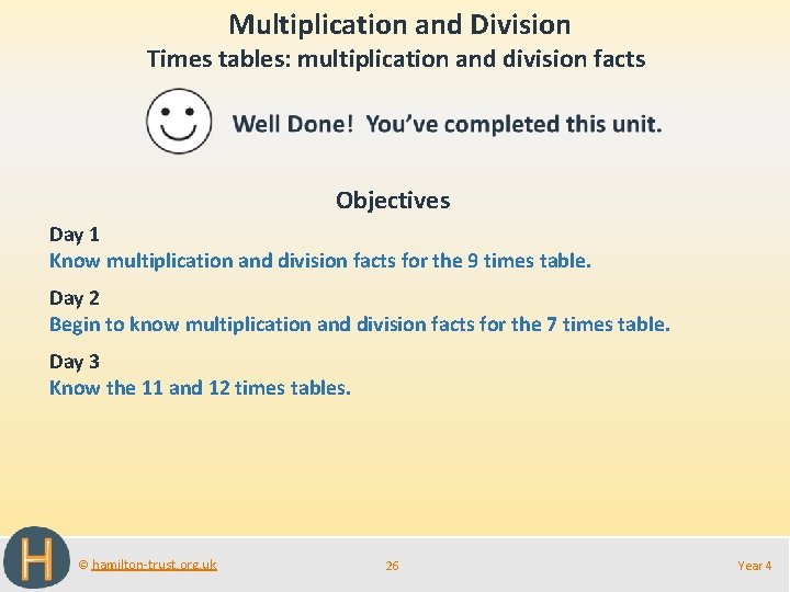  Multiplication and Division Times tables: multiplication and division facts Objectives Day 1 Know
