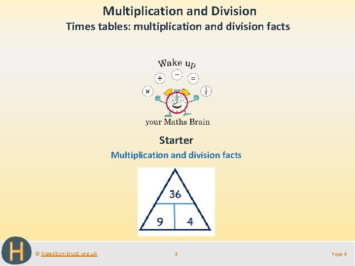  Multiplication and Division Times tables: multiplication and division facts Starter Multiplication and division