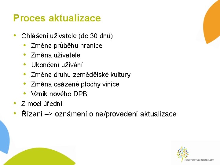 Proces aktualizace • Ohlášení uživatele (do 30 dnů) • Změna průběhu hranice • Změna