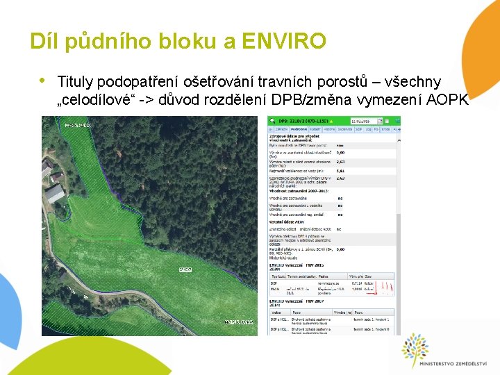 Díl půdního bloku a ENVIRO • Tituly podopatření ošetřování travních porostů – všechny „celodílové“