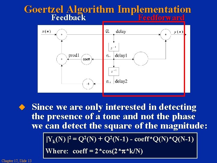 Goertzel Algorithm Implementation Feedback u Feedforward Since we are only interested in detecting the