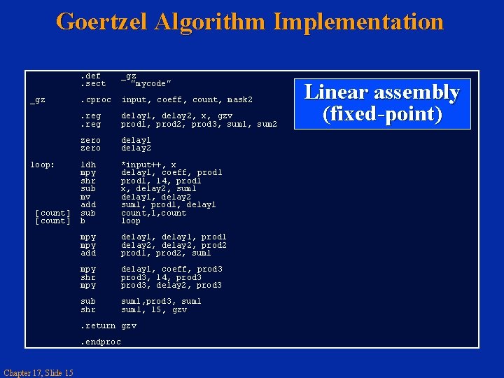 Goertzel Algorithm Implementation _gz loop: [count] . def. sect _gz "mycode" . cproc input,