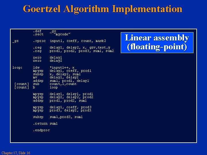 Goertzel Algorithm Implementation _gz loop: [count] . def. sect _gz "mycode" . cproc input