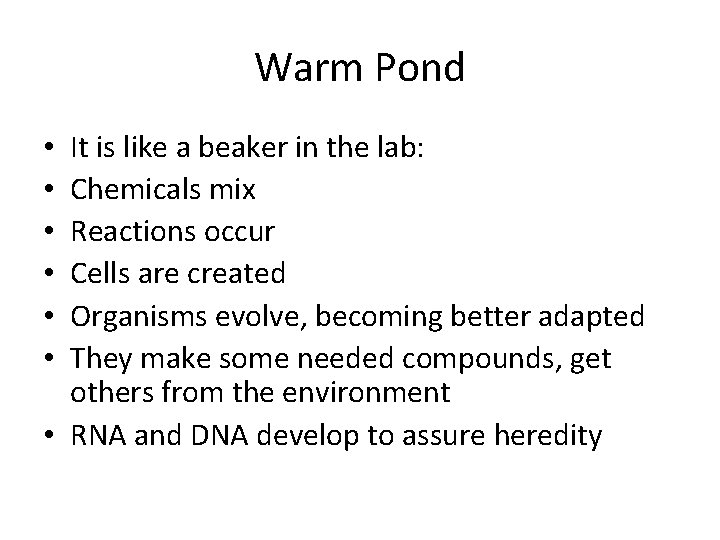 Warm Pond It is like a beaker in the lab: Chemicals mix Reactions occur Warm Pond It is like a beaker in the lab: Chemicals mix Reactions occur