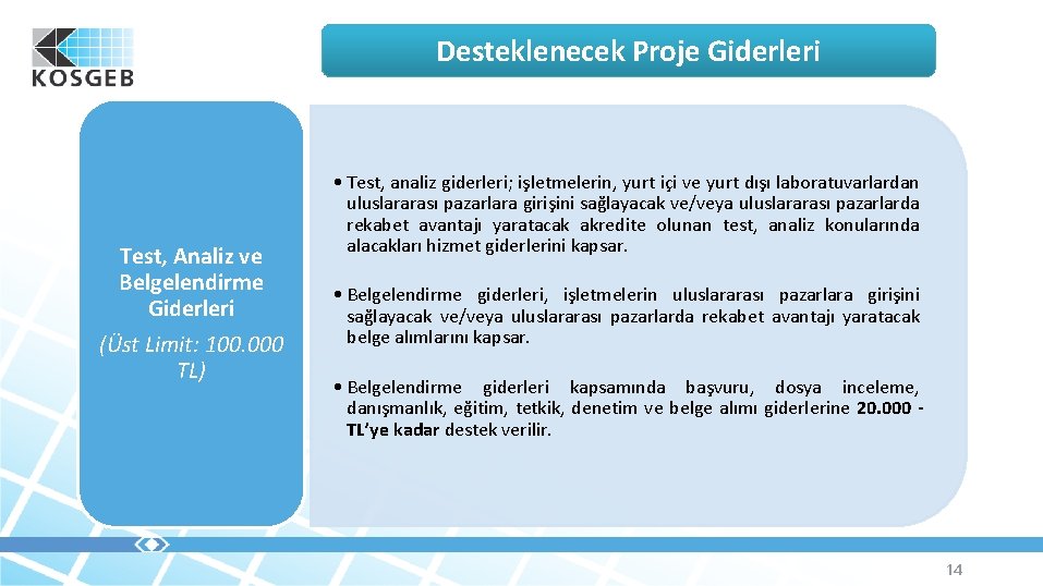 Desteklenecek Proje Giderleri Test, Analiz ve Belgelendirme Giderleri (Üst Limit: 100. 000 TL) •