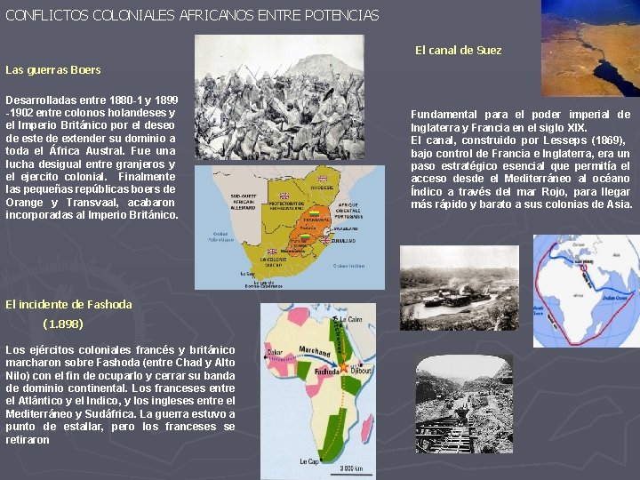 CONFLICTOS COLONIALES AFRICANOS ENTRE POTENCIAS El canal de Suez Las guerras Boers Desarrolladas entre