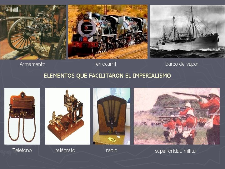 ferrocarril Armamento barco de vapor ELEMENTOS QUE FACILITARON EL IMPERIALISMO Teléfono telégrafo radio superioridad