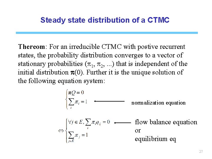 Steady state distribution of a CTMC Thereom: For an irreducible CTMC with postive recurrent