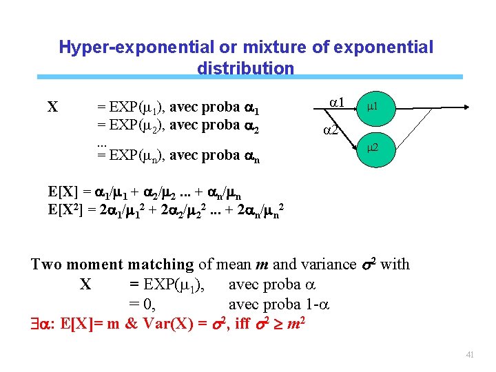 Hyper-exponential or mixture of exponential distribution X = EXP(m 1), avec proba a 1