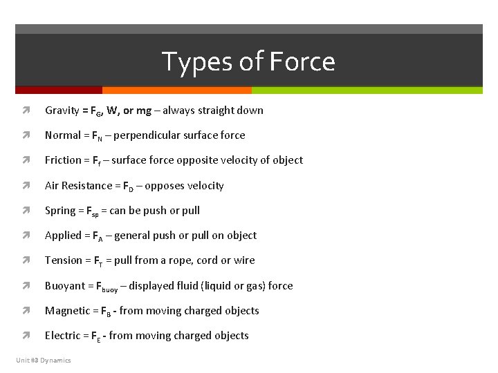 Types of Force Gravity = FG, W, or mg – always straight down Normal