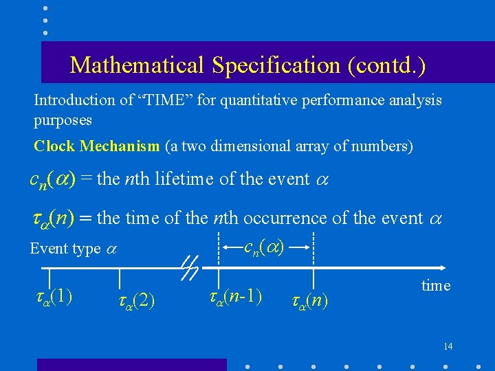 Mathematical Specification (contd. ) Introduction of “TIME” for quantitative performance analysis purposes Clock Mechanism