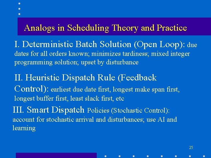 Analogs in Scheduling Theory and Practice I. Deterministic Batch Solution (Open Loop): due dates