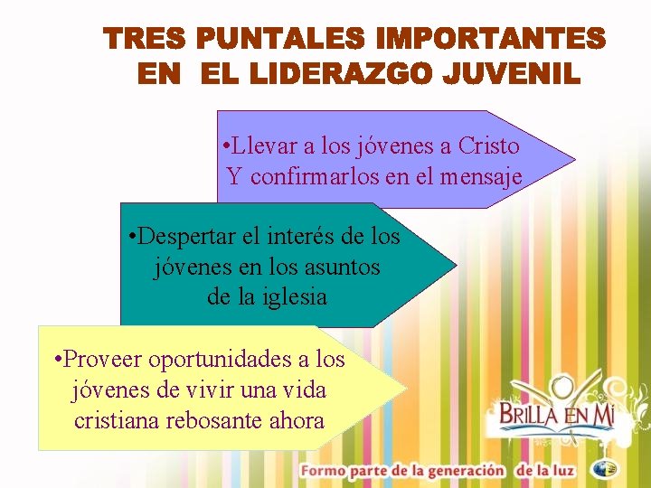  • Llevar a los jóvenes a Cristo Y confirmarlos en el mensaje •