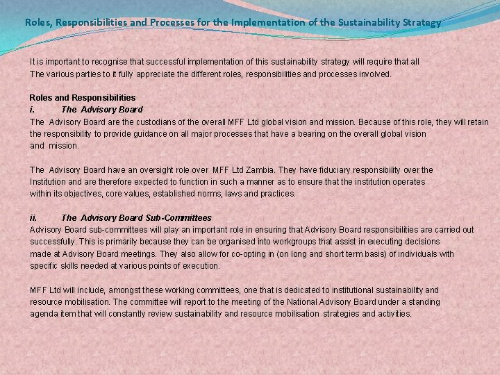Roles, Responsibilities and Processes for the Implementation of the Sustainability Strategy It is important