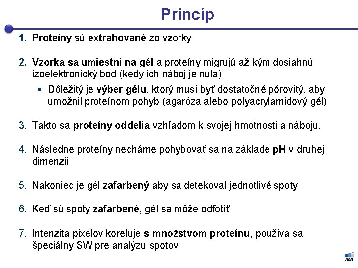 Princíp 1. Proteíny sú extrahované zo vzorky 2. Vzorka sa umiestni na gél a
