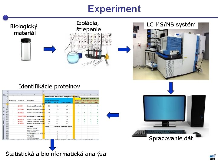 Experiment Biologický materiál Izolácia, štiepenie LC MS/MS systém Identifikácie proteínov Spracovanie dát Štatistická a