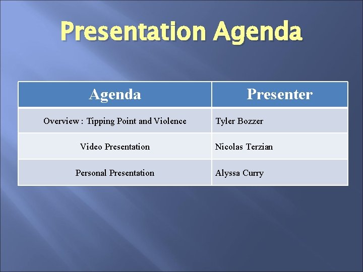 Presentation Agenda Overview : Tipping Point and Violence Video Presentation Personal Presentation Presenter Tyler