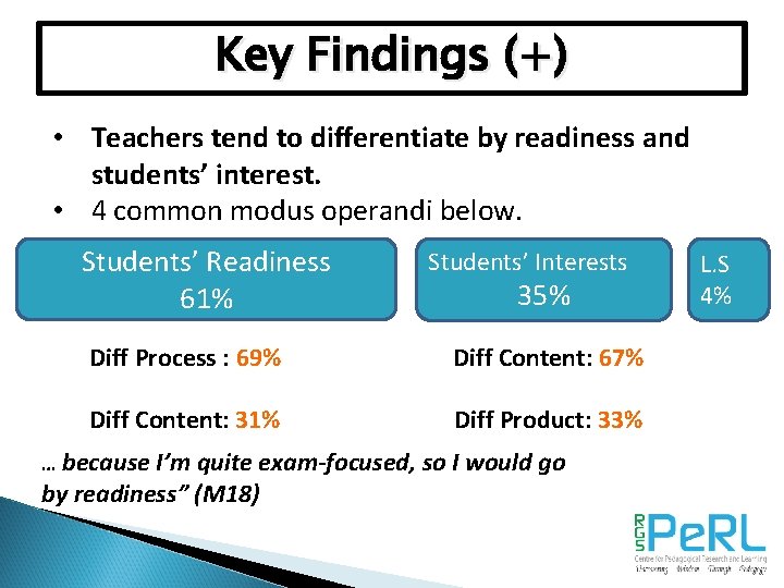 Key Findings (+) • Teachers tend to differentiate by readiness and students’ interest. •