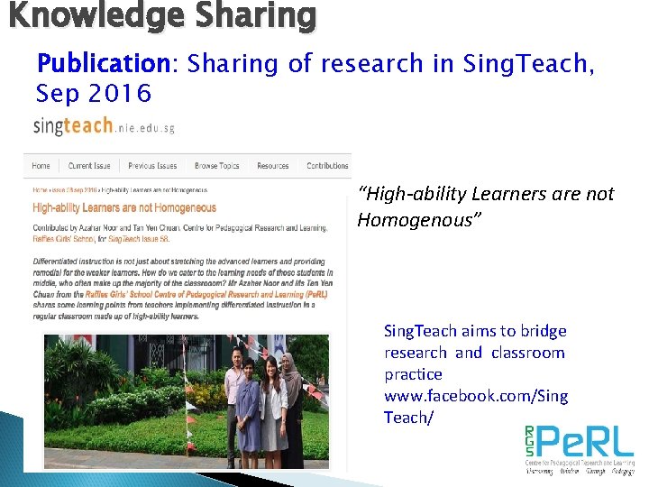 Knowledge Sharing Publication: Sharing of research in Sing. Teach, Sep 2016 “High-ability Learners are