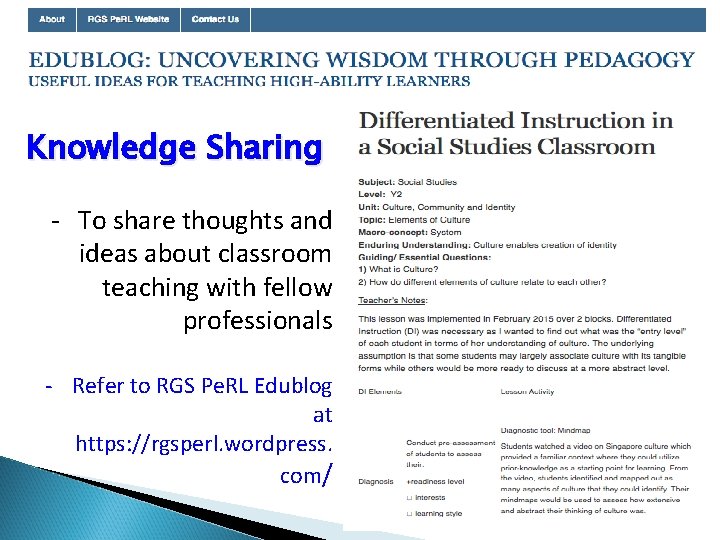 Knowledge Sharing - To share thoughts and ideas about classroom teaching with fellow professionals