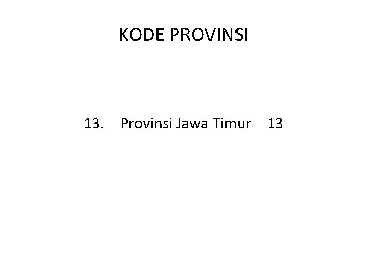 KODE PROVINSI 13. Provinsi Jawa Timur 13 