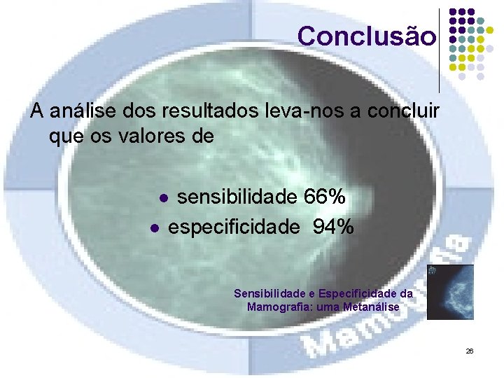 Conclusão A análise dos resultados leva-nos a concluir que os valores de sensibilidade 66%