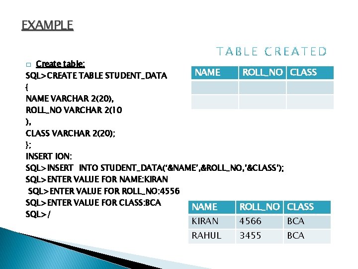 EXAMPLE Create table: NAME ROLL_NO CLASS SQL>CREATE TABLE STUDENT_DATA { NAME VARCHAR 2(20), ROLL_NO
