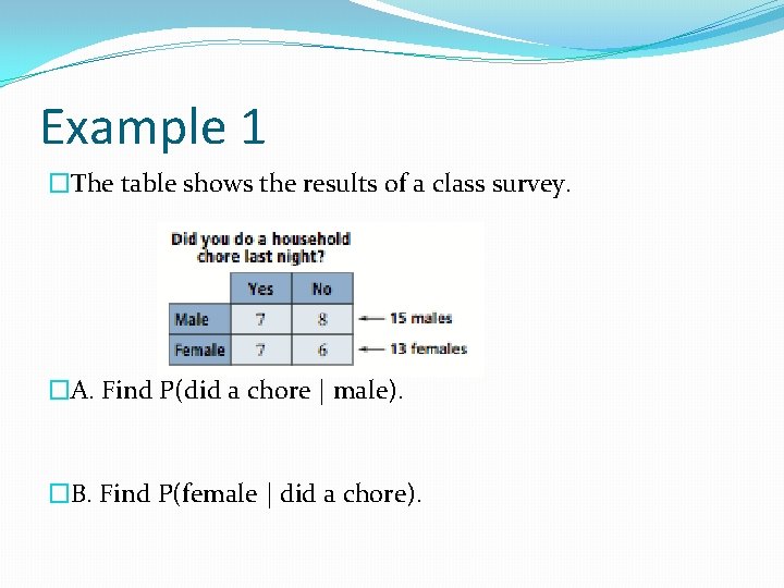 Example 1 �The table shows the results of a class survey. �A. Find P(did