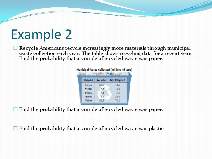 Example 2 � Recycle Americans recycle increasingly more materials through municipal waste collection each Example 2 � Recycle Americans recycle increasingly more materials through municipal waste collection each