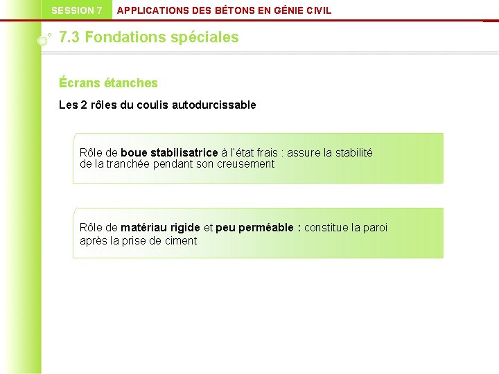 SESSION 7 APPLICATIONS DES BÉTONS EN GÉNIE CIVIL 7. 3 Fondations spéciales Écrans étanches