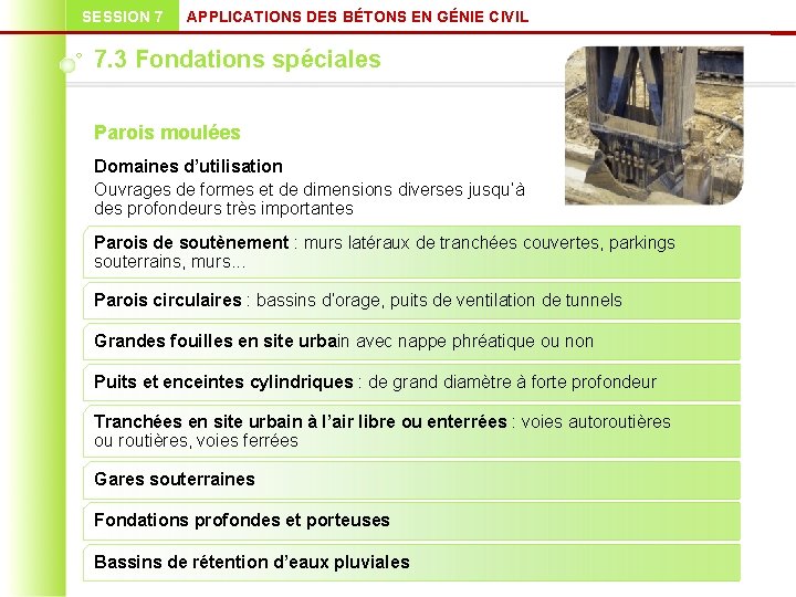 SESSION 7 APPLICATIONS DES BÉTONS EN GÉNIE CIVIL 7. 3 Fondations spéciales Parois moulées