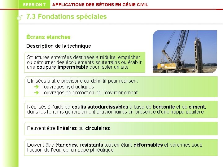 SESSION 7 APPLICATIONS DES BÉTONS EN GÉNIE CIVIL 7. 3 Fondations spéciales Écrans étanches