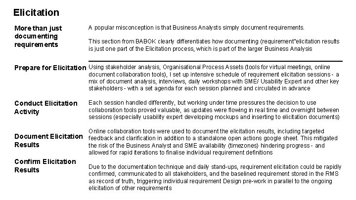 Elicitation More than just documenting requirements A popular misconception is that Business Analysts simply