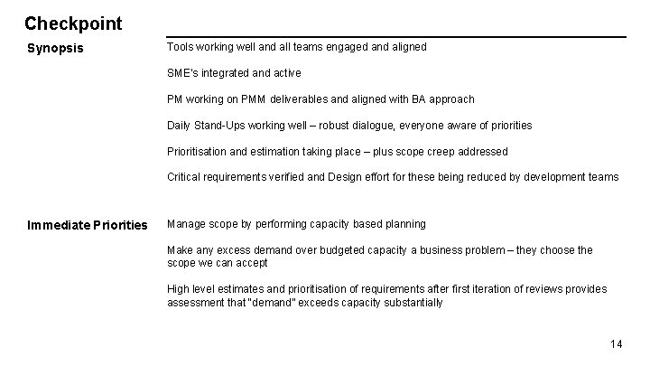 Checkpoint Synopsis Tools working well and all teams engaged and aligned SME’s integrated and