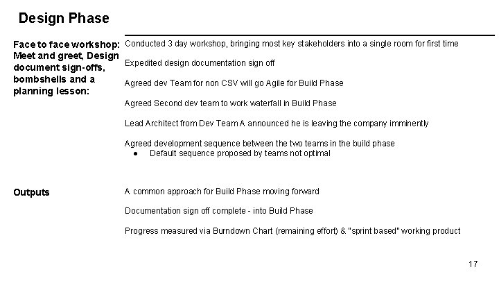 Design Phase Face to face workshop: Conducted 3 day workshop, bringing most key stakeholders